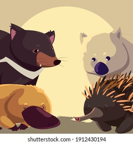 portrait australian animals wildlife echidna wombat platypus and tasmanian devil vector illustration