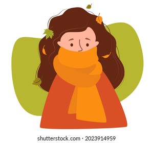 Retrato de una niña de otoño. Una mujer envuelta en una bufanda tibia sobre un fondo con hojas de otoño. Ilustración vectorial. Carácter plano para diseño, decoración, carteles, tarjetas y avatares de otoño