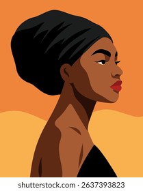 Portrait avatar of black african girl with turban. Side pose. Beautiful headband. African woman. Women's day poster. Vector flat illustration