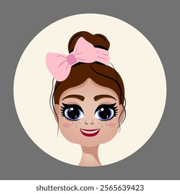 Portrait avatar of a doll girl. Cartoon face, dark hair, big blue eyes, cheerful smiling facial expressions, pink bow. Highlights for stories. Vector illustration isolated.