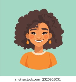 a Portrait and avatar of girl. Laughter and joy, smile and calmness. Diversity of personage, multiethnic society. Cartoon character, vector in flat style, flat color