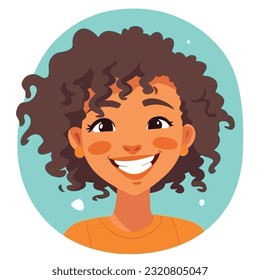 a Portrait and avatar of girl. Laughter and joy, smile and calmness. Diversity of personage, multiethnic society. Cartoon character, vector in flat style, flat color