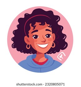 a Portrait and avatar of girl. Laughter and joy, smile and calmness. Diversity of personage, multiethnic society. Cartoon character, vector in flat style, flat color