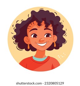 un retrato y avatar de una chica. Risa y alegría, sonrisa y calma. Diversidad de personajes, sociedad multiétnica. Caricatura, vector de estilo plano, color plano