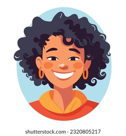 un retrato y avatar de una chica. Risa y alegría, sonrisa y calma. Diversidad de personajes, sociedad multiétnica. Caricatura, vector de estilo plano, color plano