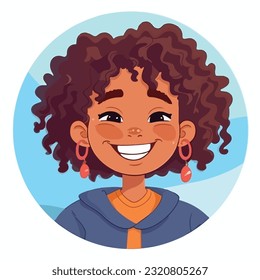 a Portrait and avatar of girl. Laughter and joy, smile and calmness. Diversity of personage, multiethnic society. Cartoon character, vector in flat style, flat color