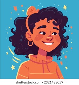 a Portrait and avatar of girl. Laughter and joy, smile and calmness. Diversity of personage, multiethnic society. Cartoon character, vector in flat style, flat color