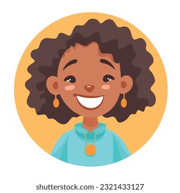 a Portrait and avatar of girl. Laughter and joy, smile and calmness. Diversity of personage, multiethnic society. Cartoon character, vector in flat style, flat color