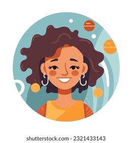 a Portrait and avatar of girl. Laughter and joy, smile and calmness. Diversity of personage, multiethnic society. Cartoon character, vector in flat style, flat color