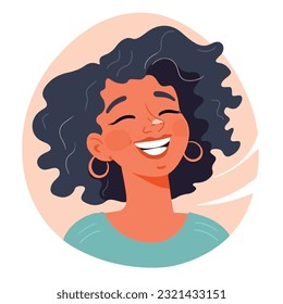 a Portrait and avatar of girl. Laughter and joy, smile and calmness. Diversity of personage, multiethnic society. Cartoon character, vector in flat style, flat color