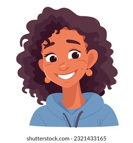 un retrato y avatar de una chica. Risa y alegría, sonrisa y calma. Diversidad de personajes, sociedad multiétnica. Caricatura, vector de estilo plano, color plano