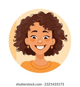 a Portrait and avatar of girl. Laughter and joy, smile and calmness. Diversity of personage, multiethnic society. Cartoon character, vector in flat style, flat color