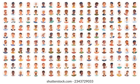 Portrait avatar icon men, big set of user faces. People profile userpics flat cartoon vector illustration. Male faces of unknown or anonymous person. Happy characters collection