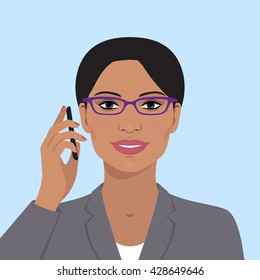Portrait avatar. Indian business woman with glasses, talking on the mobile phone. Vector flat illustration.