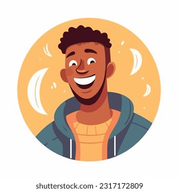 a Portrait and avatar of male. Laughter and joy, smile and calmness. Diversity of personage, multiethnic society. Cartoon character, vector in flat style, flat color. 