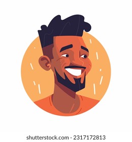 a Portrait and avatar of male. Laughter and joy, smile and calmness. Diversity of personage, multiethnic society. Cartoon character, vector in flat style, flat color. 