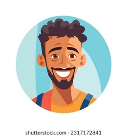 a Portrait and avatar of male. Laughter and joy, smile and calmness. Diversity of personage, multiethnic society. Cartoon character, vector in flat style, flat color. 
