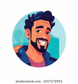 a Portrait and avatar of male. Laughter and joy, smile and calmness. Diversity of personage, multiethnic society. Cartoon character, vector in flat style, flat color. 