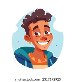 a Portrait and avatar of male. Laughter and joy, smile and calmness. Diversity of personage, multiethnic society. Cartoon character, vector in flat style, flat color. 