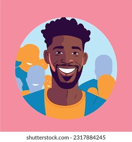 a Portrait and avatar of male. Laughter and joy, smile and calmness. Diversity of personage, multiethnic society. Cartoon character, vector in flat style, flat color