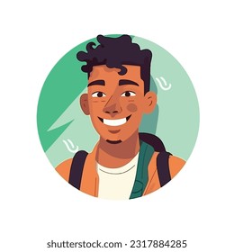 a Portrait and avatar of male. Laughter and joy, smile and calmness. Diversity of personage, multiethnic society. Cartoon character, vector in flat style, flat color