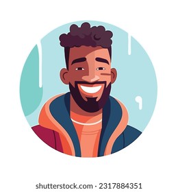 a Portrait and avatar of male. Laughter and joy, smile and calmness. Diversity of personage, multiethnic society. Cartoon character, vector in flat style, flat color