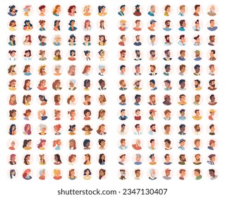 Portrait avatar of teens, kids, men and women and children, middle age people set of user faces. Profile userpics flat cartoon vector illustration. Faces of unknown or anonymous person, collection