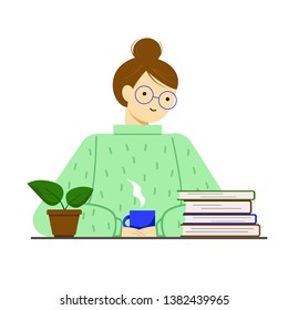Portrait, avatar of a young woman, a stack of books on the table, a Cup of hot drink and a potted plant. Vector illustration, character, white background.