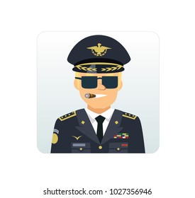 Portrait of aviation general with sunglasses in flat style isolated on white background