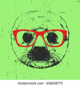 Portrait of Baby Fur Seal with glasses. Hand drawn illustration. T-shirt design. Vector.