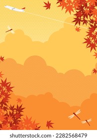 portrait background of autumn leaves, red dragonflies and an airplane