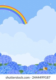 portrait background of blue sky with rainbow and hydrangeas in full bloom