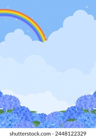 portrait background of blue sky with rainbow and hydrangeas in full bloom