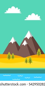 portrait background for games or app with mountain, river, trees cloud ready to use with sharp polished graphics, vector