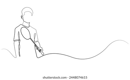 portrait of badminton athlete posing with racket vector continuous lines