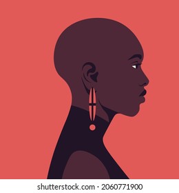 Portrait of a bald African woman in profile. A face of fashion model. Side view. Diversity. Avatar. Alopecia. Vector flat illustration
