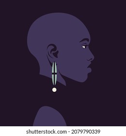 Portrait Of A Bald African Woman In Profile. A Face Of Fashion Model On Dark Background. Side View. Diversity. Avatar. Alopecia. Vector Flat Illustration