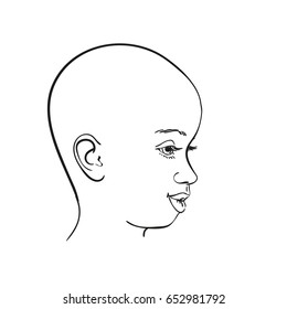 Portrait of bald headed child in profile, Hand drawn line art illustration, Vector sketch isolated on white background