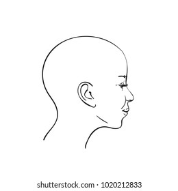 Portrait of bald headed girl in profile, Hand drawn line art illustration, Vector sketch isolated on white background