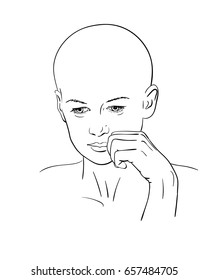 Portrait of bald headed woman, Hand drawn line art illustration, Vector sketch isolated on white background