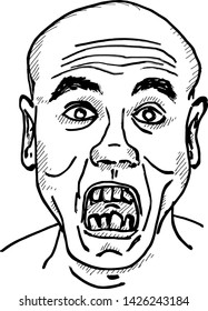 Portrait of a bald man expressing shock and surprise. Hand drawn vector illustration. 