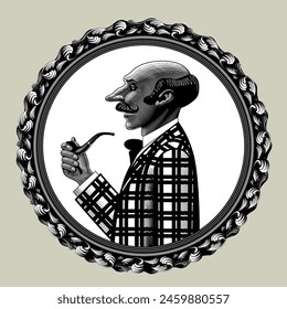 Portrait of a bald man half face with a smoking pipe in retro decorative round frame. Drawing in vintage black and white engraving style. Vector illustration