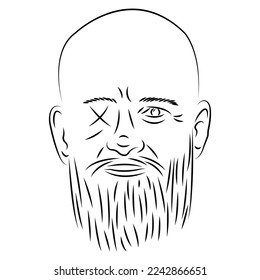 Portrait of a bald man without one eye on a white background.