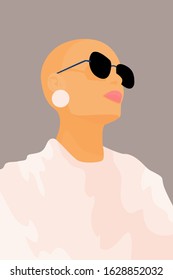 Portrait of a bald stylish woman in sunglasses. Young fashionable girl portrait for design card, modern party invitation, feminism conceptual event etc