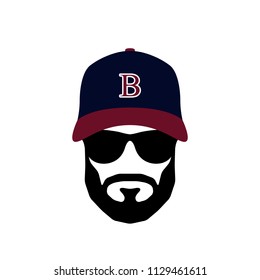 Portrait of Ballplayer man wearing glasses and hat. Mens icon. Vector illustration.