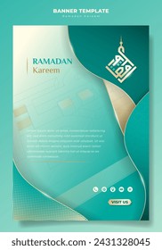 Portrait banner design in light sea green and gold lines design for ramadan kareem background. Islamic portrait background in light sea green design. Arabic text mean is ramadan kareem.