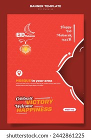 Portrait banner design with line art of ornamental lantern and moon design in orange background. Islamic portrait background in orange design