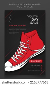 Portrait banner design with red sneaker in dark background for online advertising design
