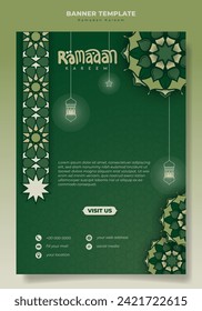 Porträtbanner mit grünem islamischem Zierhintergrund und Mandala-Design für Rmadan Kareem. Grünes Banner mit islamic mandala in handgezeichnet Design. grüner islamiger Hintergrund-Design