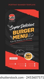 Portrait banner template with burger design in black and red background for street food advertising on social media